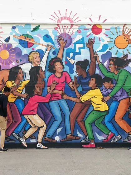 This colorful, figurative mural depicts a group of people working and celebrating together, symbolizing collaboration and shared success. It’s a great way to brighten up a common area and reinforce a positive team spirit within an organization.