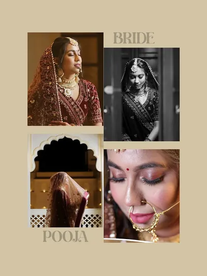 A collage of artistic bridal portraits from a Jaipur wedding, capturing her in various moods and settings.