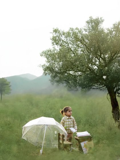 A little girl stands in a misty green field with a miniature desk and a clear umbrella. This imaginative and whimsical setup turns the natural landscape into a storybook scene, perfect for a creative pre-birthday shoot.