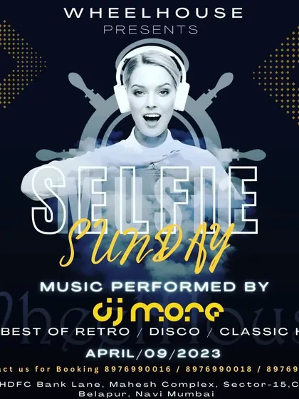 A poster for "Selfie Sunday," featuring the best of retro, disco, and classic hits. It's all about fun vibes and timeless music.