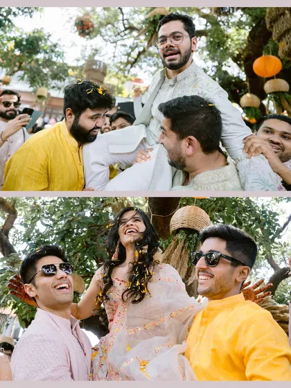 A collage showing the bride and groom being joyfully lifted by their friends, capturing the high energy and fun of the celebration.