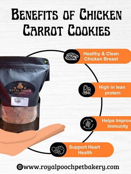 Here are the benefits of my Chicken Carrot Cookies. They are made with clean chicken breast, are high in lean protein, help improve immunity, and support heart health.