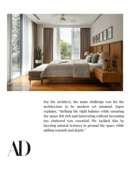 A bedroom from The Collector's Retreat featured in Architectural Digest, where I explained our approach to balancing modern minimalism with warmth and texture.