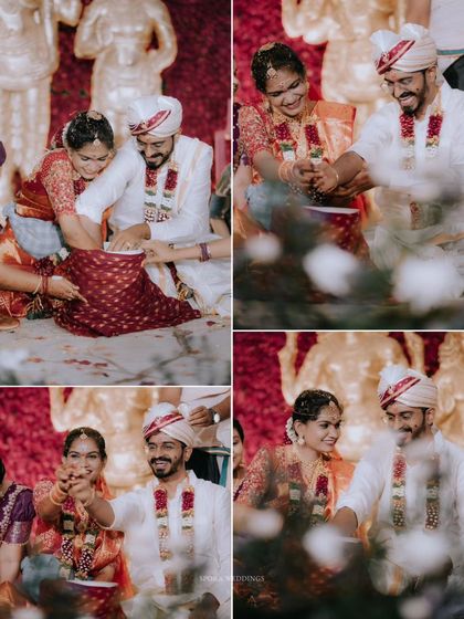 A collage of the couple during their wedding rituals, capturing their smiles and the vibrant atmosphere.