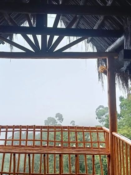 The view from the balcony of a treehouse in Vattavada, looking out over the misty landscape.