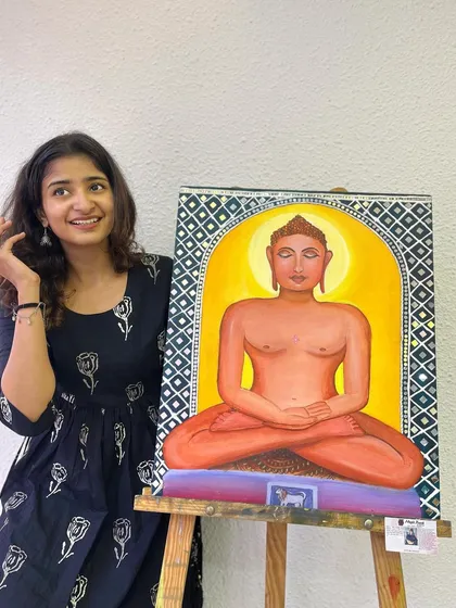 A happy moment with my completed Mahavir Swami painting. This piece combines several art forms and holds deep personal and spiritual meaning for me.