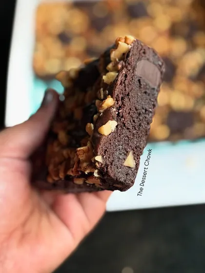 Another look at the texture of my walnut brownie. You can see the chunks of chocolate and nuts embedded in the fudgy base.