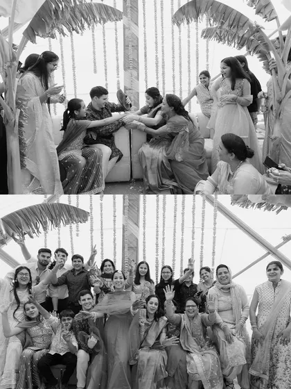 A black and white collage showing the fun and family involvement in the wedding. It captures playful rituals and a happy group photo with all the guests, celebrating together.