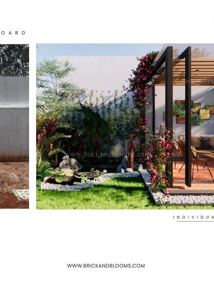 A before-and-after concept for a bare patch of land. Our design introduces a lawn, a deck with a pergola, a small water feature, and lush planting to create a complete backyard oasis.
