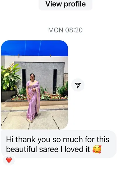 "Thank you so much for this beautiful saree I loved it." A happy client in her lilac saree.