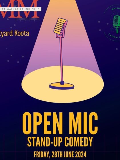 The poster for our June edition of 'Mics at Malhar Laugh Club', our open mic stand-up comedy night that welcomes performers from across the city.