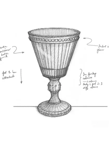 The Sundae Collection began as a playful sketch, an ode to nostalgia. This drawing shows the initial design for the vintage-inspired sundae glass, complete with notes on the indented glass and funky colors.