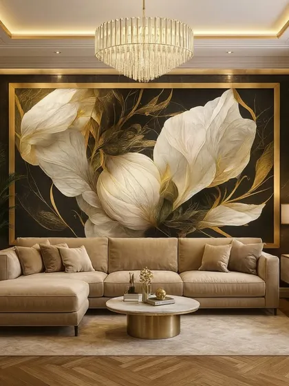 A dramatic and high-contrast floral mural. This wallpaper features large, white and gold leaves on a dark background, creating a bold and sophisticated statement.