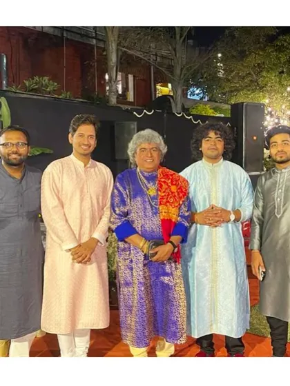 A group photo with the master Pt. Ram Kumar Mishra and fellow musicians after our rhythm ensemble performance.
