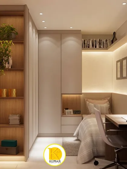 A highly functional study room or bedroom with a bed, desk, and extensive storage solutions, including open and closed cabinets.