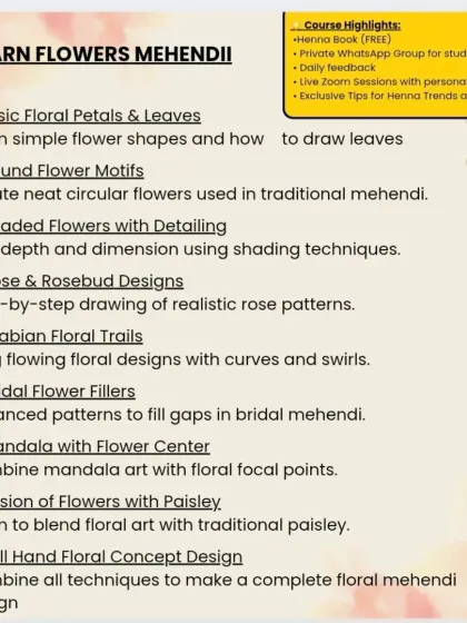 A detailed breakdown of the topics covered in my Flower Mehendi Masterclass, from basic petals to full floral concept designs.