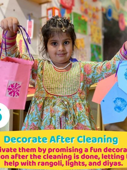 Getting the little ones involved in Diwali preparations is a great family activity. This young girl is proudly showing off the beautiful paper lanterns she made.