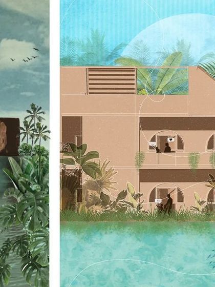 Conceptual illustrations for "The Ramparts," an unbuilt housing project in Goa. This image shows the Moat House typology, where homes are surrounded by water, creating a unique and esoteric living experience.