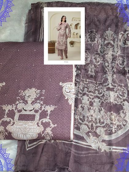 A graceful unstitched suit set in a mauve-grey tone. The fine muslin fabric is adorned with a delicate digital print, inspired by traditional Karachi patterns.