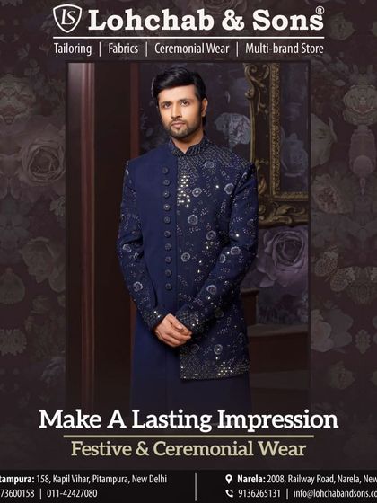 Make a lasting impression with our ceremonial wear. This deep blue Indo-western sherwani features scattered embellishments that catch the light, creating a sophisticated and memorable look for an evening celebration or reception.
