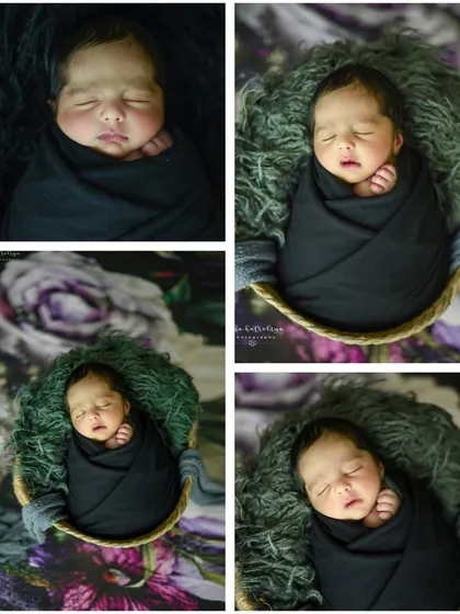 A collage showcasing the dramatic and artistic black wrap session, with a mix of close-up and wider shots.
