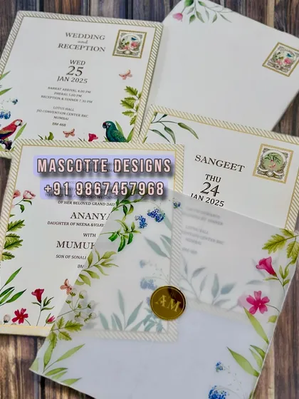 A vellum paper invitation with a vintage stamp collection theme. The design features beautiful botanical illustrations and a custom wax seal, creating a unique and charming look.
