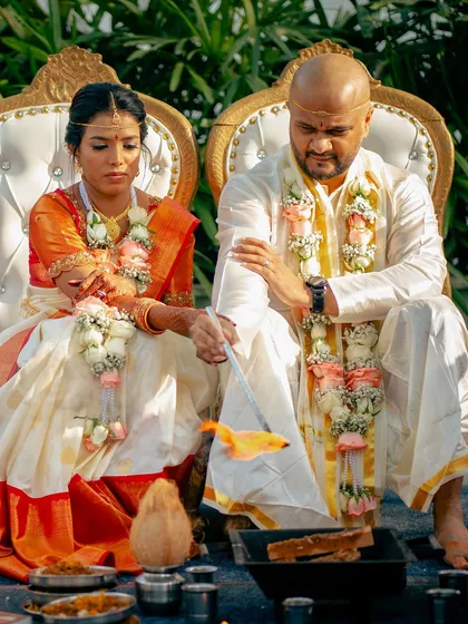 I have had the honor of hosting many beautiful South Indian weddings. The lush greenery and traditional decor elements, like floral arrangements and brass lamps, create an authentic and sacred atmosphere for the ceremony.