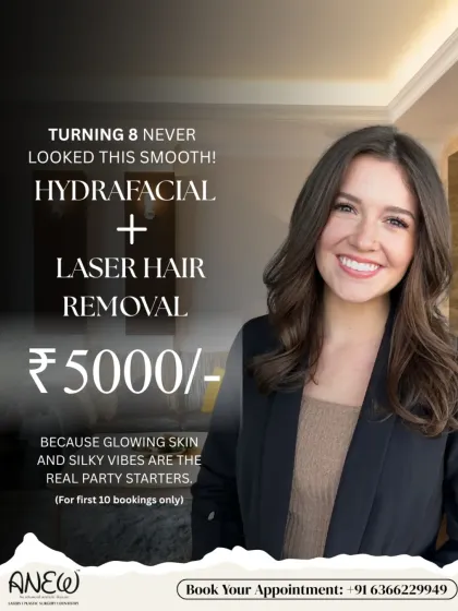 Our 8th-anniversary celebration includes this amazing combo: a Hydrafacial plus Laser Hair Removal for just ₹5000. Glowing skin and silky vibes are the real party starters.