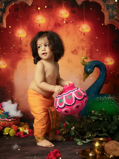 A standing pose, showing the full costume and the magical, festive backdrop.