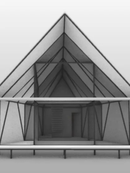 A 3D model showing the interior spatial arrangement of the "Parasite" home, with a compact core and an open, two-story living area.