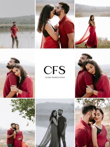A grid collage showcasing a full pre-wedding shoot in coordinated red outfits, capturing a variety of poses from romantic embraces to individual portraits.