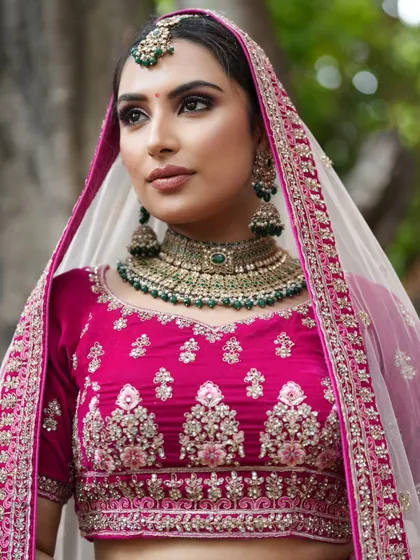 This bride wears a beautiful magenta lehenga. The makeup uses complementary tones on the eyes and lips to tie the whole look together.