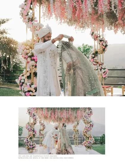 A collage of the wedding ceremony, showing the bride lifting her veil and the couple exchanging garlands.