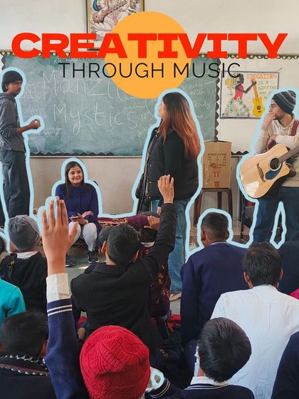 "Creativity Through Music." Students raise their hands, eager to share their ideas during a songwriting session. We foster a space where every child's creativity is valued.