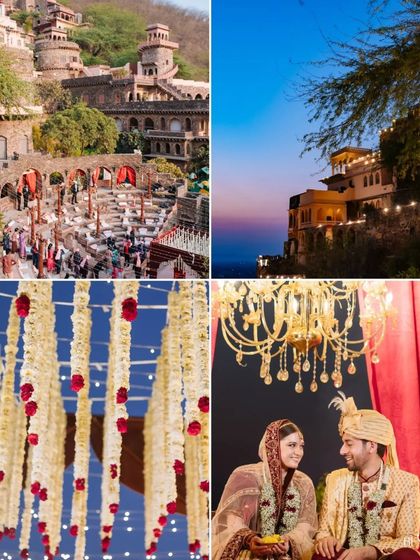 A collage capturing the grandeur of a royal wedding at Neemrana Fort-Palace, from the sprawling venue to the intimate, candle-lit ceremony.