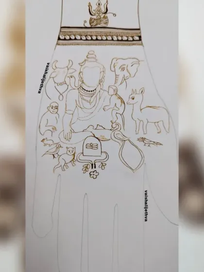 The initial outline for the Lord Shiva and animals design, showing the planning stage.