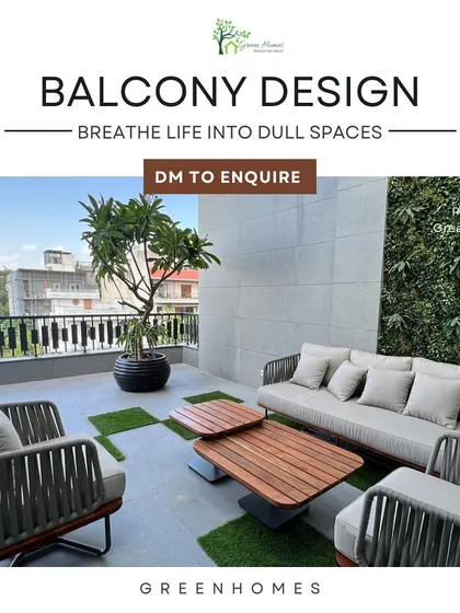 This balcony design in Delhi breathes life into a previously dull space. The combination of a faux green wall, a large potted tree, and comfortable seating creates a perfect urban escape.
