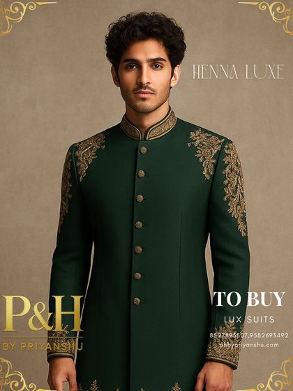 A portrait shot that captures the intricate details and royal essence of this magnificent green ensemble.