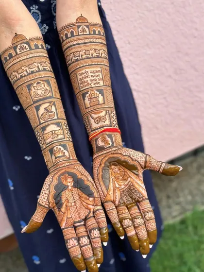 A unique storytelling design with panels showing different wedding rituals, including a "Gathbandhan" knot and a sacred scripture.