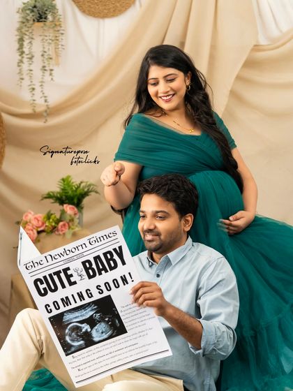 Extra, extra! This fun shot with the "Cute Baby Coming Soon" newspaper is a creative way to announce your news.