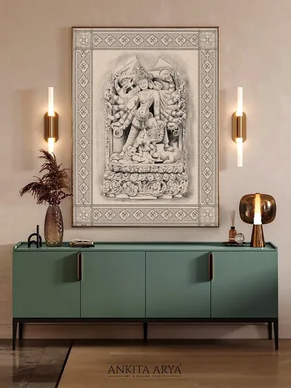 The final Durga artwork displayed in a contemporary interior. It hangs above a modern console, demonstrating how traditional art can be a powerful focal point in a modern home.