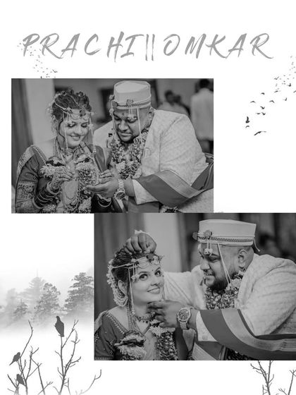 A black and white collage that gives a timeless feel to these wedding rituals. It focuses on the emotional connection and the sacred moments between the couple.