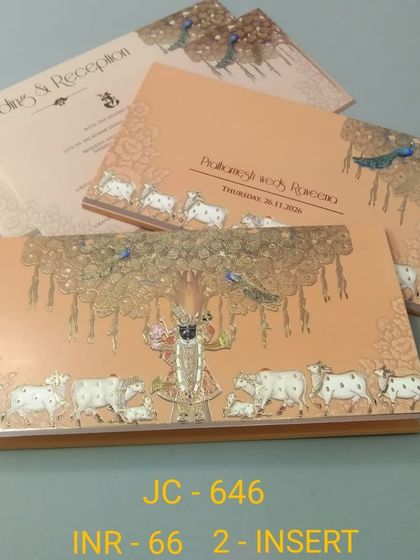 This invitation features a beautiful illustration of Shrinathji under the 'tree of life', surrounded by cows. It's a classic design from the Pichwai art style, perfect for a traditional celebration.