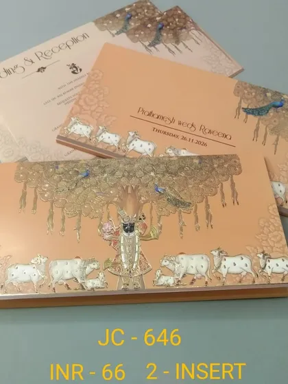 This invitation features a beautiful illustration of Shrinathji under the 'tree of life', surrounded by cows. It's a classic design from the Pichwai art style, perfect for a traditional celebration.