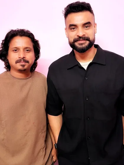 Working with the talented Tovino Thomas for the "Marana Mass" film promo shoot. I provided on-set grooming to ensure his look was sharp, fresh, and consistent under the studio lights for a polished final result.
