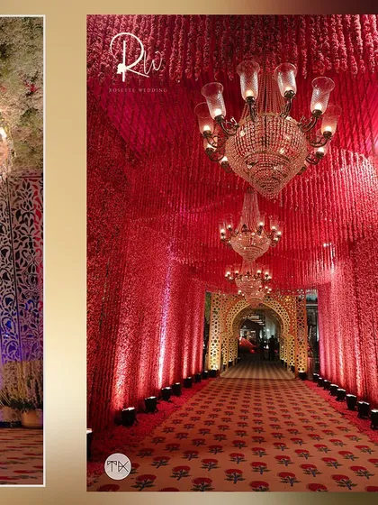 A collage showing the dramatic red floral entrance and the intricate white jaali-work stage, highlighting the contrast and versatility in my designs.