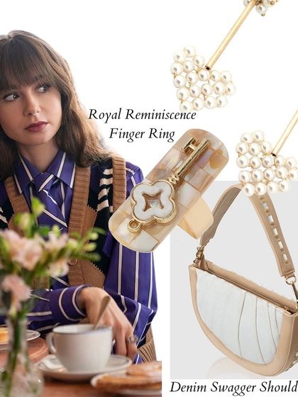 A sophisticated coffee date look inspired by "Emily in Paris." The striped blouse is accessorized with my Denim Swagger Shoulder Bag, a Royal Reminiscence finger ring, and pearl heart earrings.