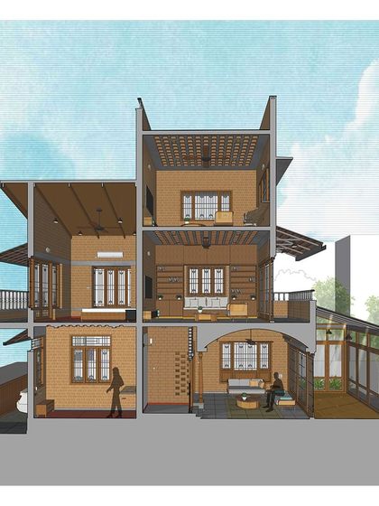 A sectional illustration of the 'Nirupama' project. This drawing helps to visualize the different spaces, volumes, and sustainable features like jack-arch roofs and filler slabs.