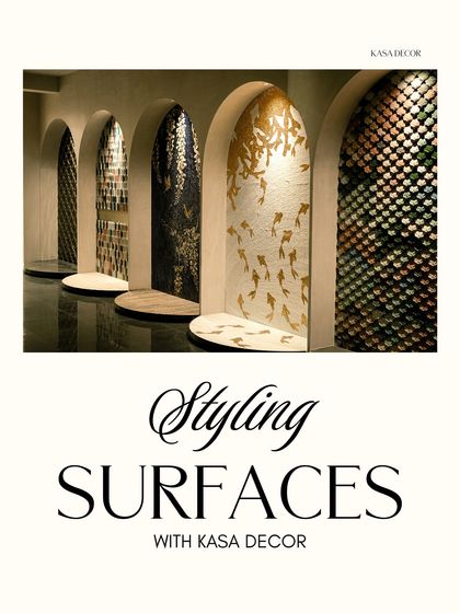 "Styling Surfaces with Kasa Decor." This image showcases a gallery of our mosaic designs, each telling a unique story through pattern and color.