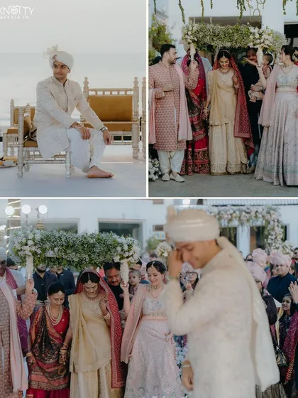 The story of the arrivals. This collage shows the groom waiting at the mandap, the bride's emotional entrance under the phoolon ki chadar, and the groom's heartfelt reaction, capturing the anticipation of the ceremony.